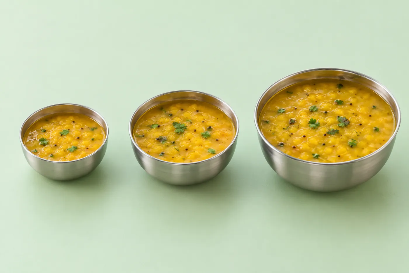 Small, medium and large steel katoris of dal side by side