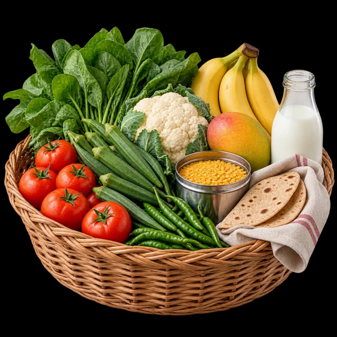 A cane basket of tomatoes, bhindi, palak, bananas, a mango, dal, milk and rotis